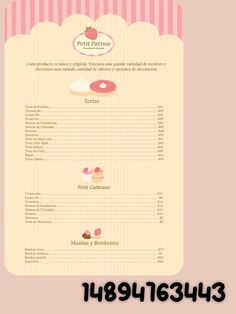 the menu for a pastry shop is shown in pink and white stripes, with strawberrys on