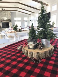 two christmas trees in buckets on top of a red and black checkered table cloth