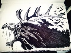 a drawing of a deer with large antlers on it's head and mouth