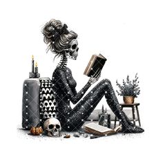 a skeleton sitting on the floor reading a book