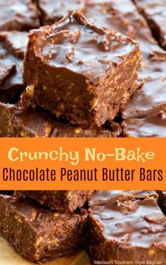 crunchy no - bake chocolate peanut butter bars stacked on top of each other