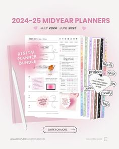 the 2021 - 25 midyear planner is shown with pink and white designs on it