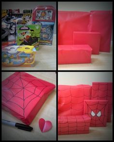 some pink bags with spiderman faces on them and other items to make it look like they're ready for halloween