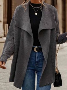 Plain Loose Shawl Collar Casual Sweater Coat Trendy Cardigans, Chique Outfit, Plain Sweaters, Fall Cardigans, Pullover Outfit, Oversized Cardigan, Casual Sweaters, Open Front Cardigan, Sweater Coats