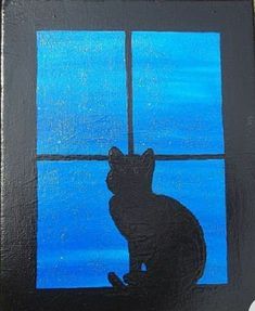 a painting of a black cat sitting in front of a window with blue sky behind it