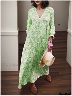 Olivia Mark - Sensual V-neck Long Sleeve Printed Loose Maxi Dress Summer Dresses Plus Size, Soft Outfits, Garden Party Dresses For Women, Dresses For Women Over 50, Loose Midi Dress, Shabby Chic Clothes, Garden Party Dresses, Dresses Holiday, Loose Maxi Dress