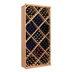 a wooden wine rack filled with lots of bottles