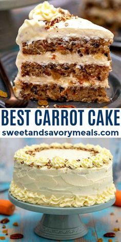 the best carrot cake with cream cheese frosting on top is shown in three different pictures