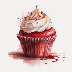 a red cupcake with white frosting and sprinkles on the top