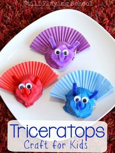 three paper plates with different colored fish on them and the words tricertops craft for kids