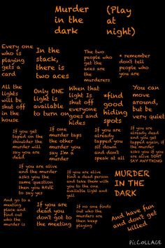 an orange and black poster with words written on it