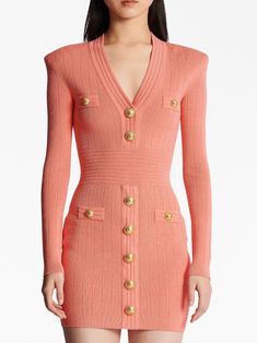 Wardrobe Colors, Balmain Women, Dress With Buttons, Dress Tight, Chic Leather, Ribbed Knit Dress, Work Environment, Peach Pink, Fall Winter Outfits