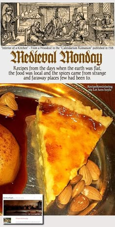 a piece of pie on a plate with almonds next to it and an article about the recipe