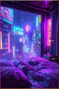 a bed with purple comforters and neon lights in a room that has windows overlooking the city