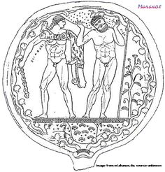 a drawing of two men standing next to each other in front of a circular object