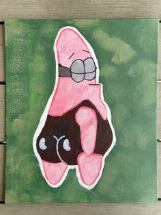 a painting of a pink cartoon character holding a black object with one hand on it