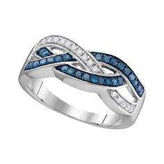 Solid 10k White Gold Round Blue Diamond Crossover Band Engagement Wedding Anniversary Ring 1/3 Ct. Diamond Fashion Rings, Wedding Anniversary Rings, Circle Diamond, Ladies Diamond Rings, Wedding Jewellery Necklace, Diamond Rings Bands, Bride Jewellery, Hand Made Jewelry, Baguette Diamond