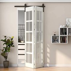 a white room divider sitting on top of a hard wood floor next to a potted plant