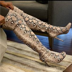 Get Into These Long Over The Knee, Square Toe, Stilettos With A Nude Snake Print Faux Leather Finish. You’ll Be Walking On The Wild Side In These Season Must Have Boots. -Snake-Print -Square Toed -Over The Knee -Stiletto -True To Size Heel Height: 4.5" Upper: 26" Calf Circumference: 11" Leather Finish, Thigh High Boots, Thigh High, Snake Print, Walk On, Over The Knee Boots, Thigh Highs, Over The Knee, High Boots