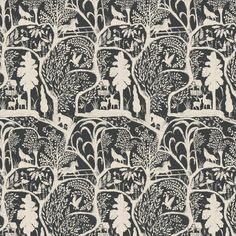 an intricately designed wallpaper with trees and animals