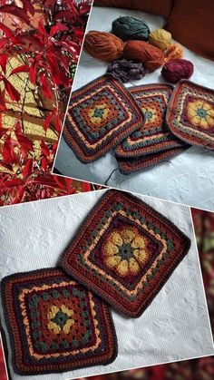 crocheted coasters are arranged on a table with red and green leaves in the background