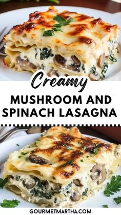 creamy mushroom and spinach lasagna on a white plate