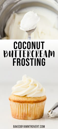 coconut buttercream frosting in a jar with a spoon