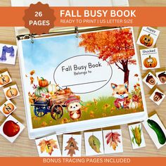 fall busy book for kids with pictures and words on the cover, including pumpkins