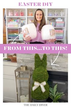 a woman is holding up some fake grass in front of a fireplace with the words easter diy from this to this