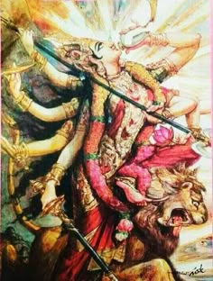 an image of the hindu god being attacked by two lions