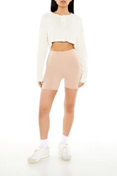 Pair of cotton - blend knit biker shorts featuring stretchy waistband and high rise. | 95% cotton, 5% spandex | Hand wash cold | Model is 5'9" and wearing Small | Inseam: 7.5" | Cotton - Blend High - Rise Biker Shorts Sporty Mid-thigh Biker Shorts With Elastic Waistband, Breathable High Stretch Mid-thigh Biker Shorts, Beige Mid-thigh Length Biker Shorts With Built-in Shorts, Beige Stretch Mid-thigh Biker Shorts, High-waist Compressive Seamless Biker Shorts, Biker Shorts, High Rise, Womens Bottoms, Spandex