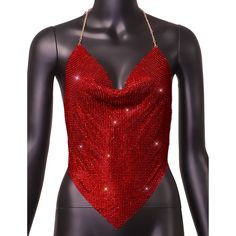 a mannequin wearing a red halter top with sequins