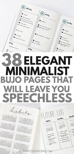 an open book with text that reads 28 elegant minimalist bujo pages that will leave you