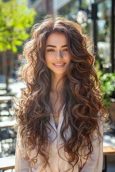 Natural Big Curls, Wavy Hair Women Long, Big Curls For Long Hair Wedding, Super Layered Curly Hair, Curly Hair Casual Styles, Long Wavy Hairstyles Natural, Bangs With Long Curly Hair, Brunette Curled Hair