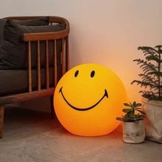 a smiley face lamp sitting next to a potted plant on the floor in front of a chair