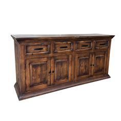 an old wooden sideboard with drawers and doors on the bottom shelf, isolated against a white background