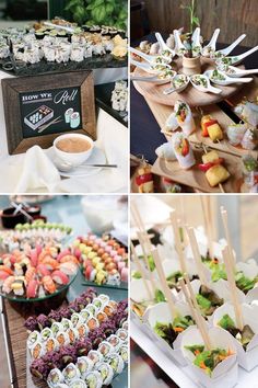 several different pictures of food on display at a wedding or baby's first birthday party