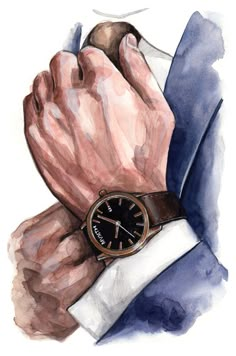 a painting of a man in a suit with his hands on his wrist, wearing a watch