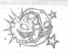 a drawing of an evil moon with spikes and stars on the side, in pencil