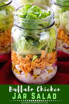 several mason jars filled with different types of salads