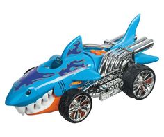 a blue and orange toy car with shark teeth on it's front wheel drive