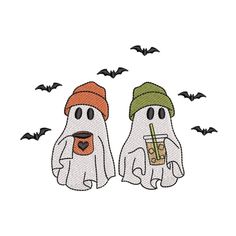 two ghost with hats and drinks in their hands, bats flying around the area behind them