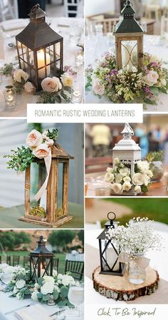 wedding centerpieces with flowers, candles and lanterns