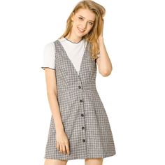 Allegra K Women's Overalls V Neck Plaid Houndstooth Pinafore Suspenders Skirt : Target Suspenders Dress, Pinafore Skirt, Suspenders Skirt, Vintage Floral Shirt, Plain Sweaters, V Neck Design, Teacher Dresses, Women's Overalls, Puff Long Sleeves