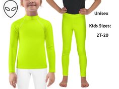 two children's neon green and black wetsuits with the measurements for each child