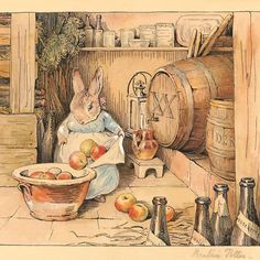 a drawing of a rabbit sitting in front of a barrel with apples and other items