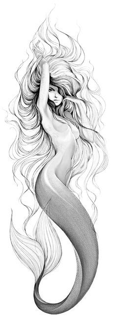 a drawing of a mermaid with her hair blowing in the wind