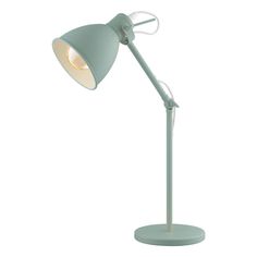 a white desk lamp with a light on it's head and a metal base