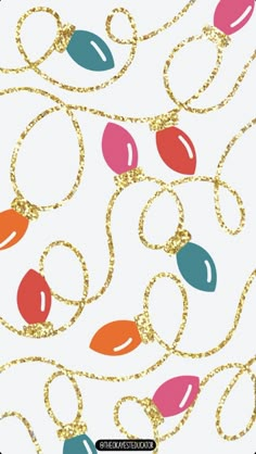 a white background with gold chains and colorful beads