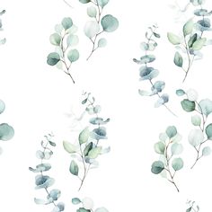 watercolor painting of green leaves and branches on a white background seamless wallpaper